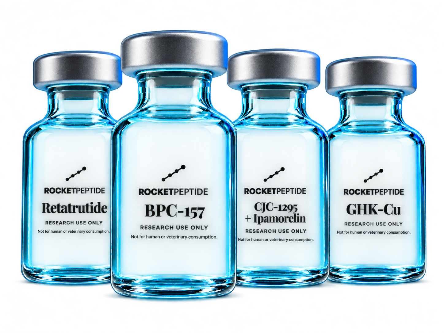 RocketPeptide Retatrutide, BPC-157, CJC-1295 + Ipamorelin, and GHK-Cu research vials